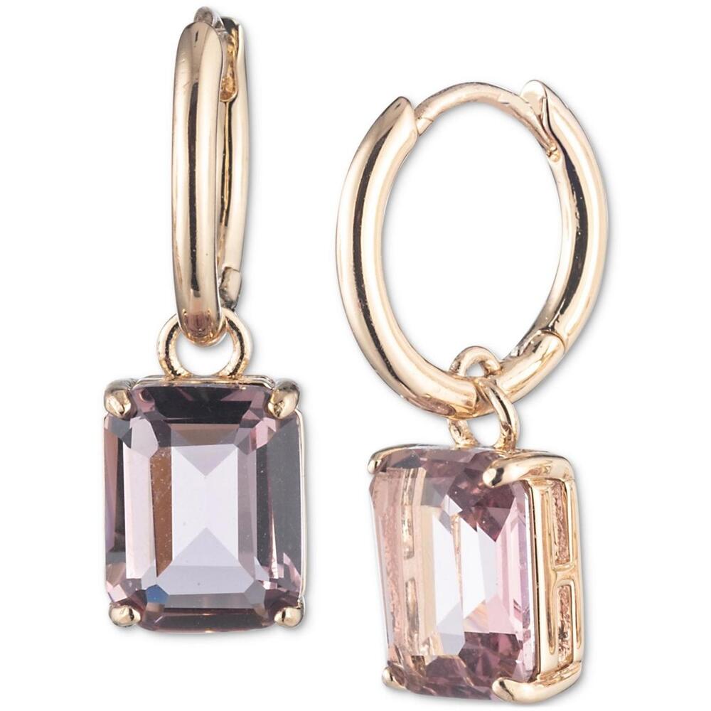Gold-Tone Color Rectangle Stone Charm Huggie Hoop Earrings